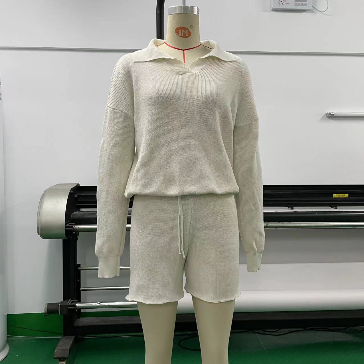 V-neck Long Sleeve Top Drawstring Wide Leg Shorts Casual Two-piece Sweater