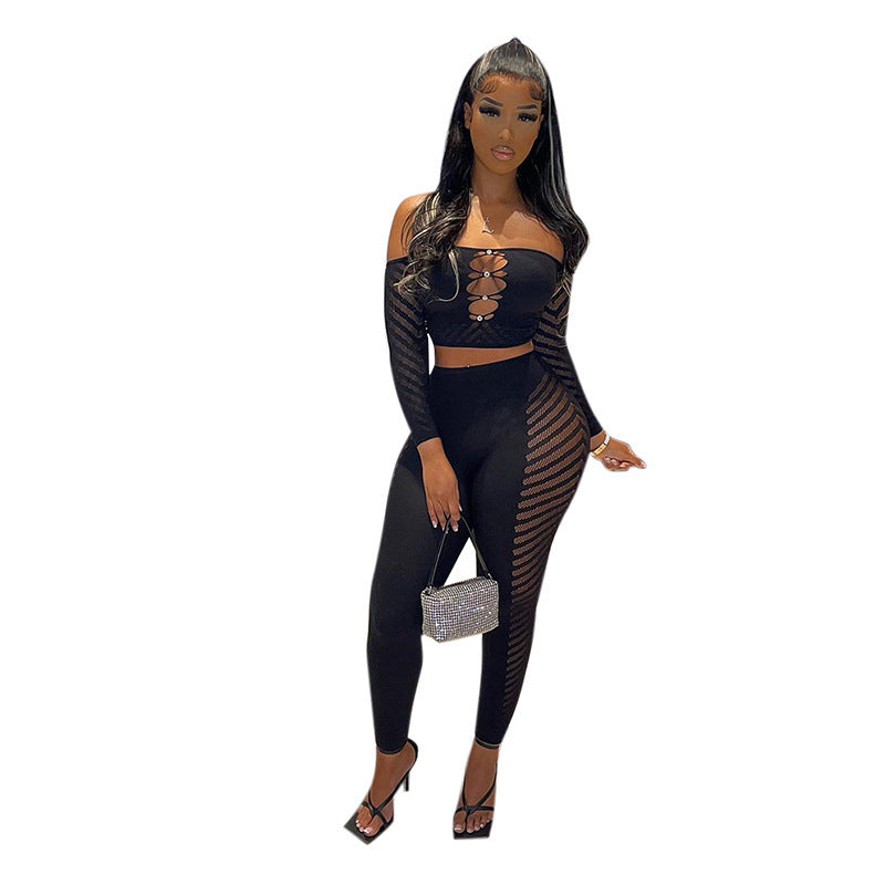Women's Chest Wrap Long Sleeve Top And Trousers Casual Suit
