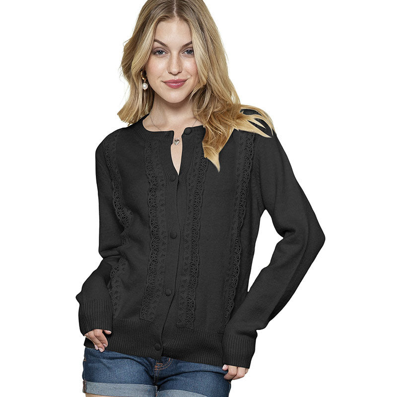 New Commute Style Single-breasted Lace Long-sleeved Sweater For Women