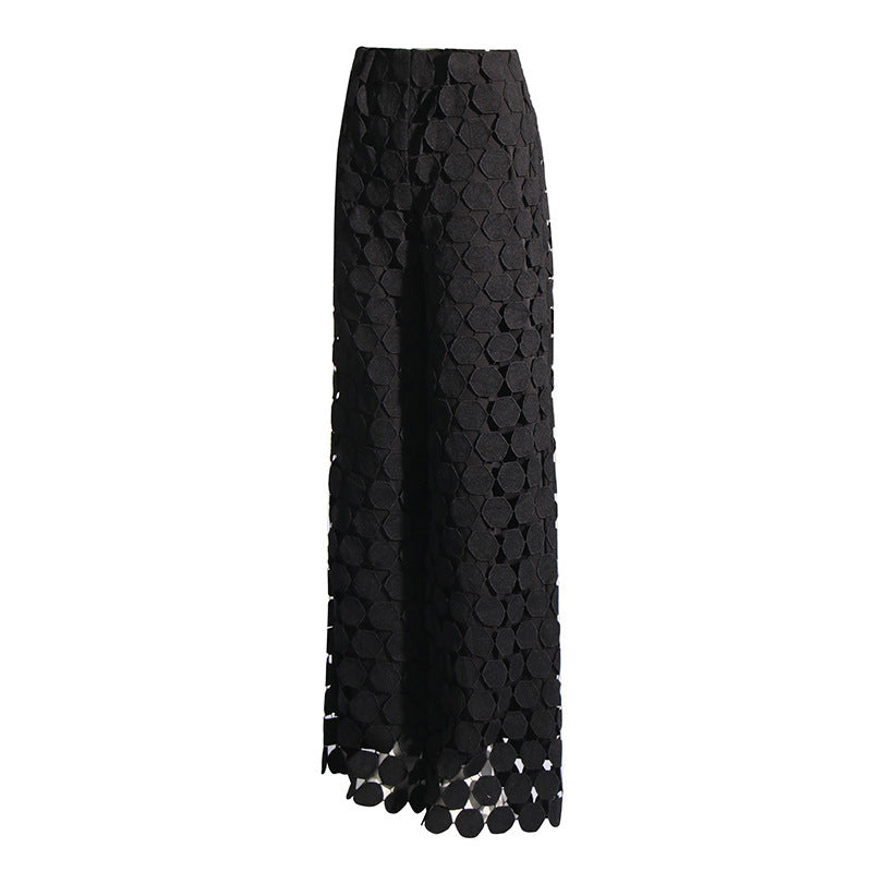 Fashionable Elegant Round Design Tassel Hollow-out Embroidered High Waist Wide-leg Pants