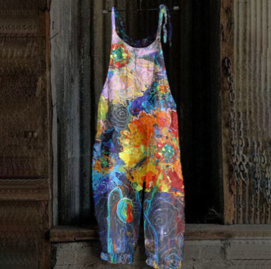 Women's Printed Street Hipster Fashion Multi-color Cotton And Linen Suspender Jumpsuit