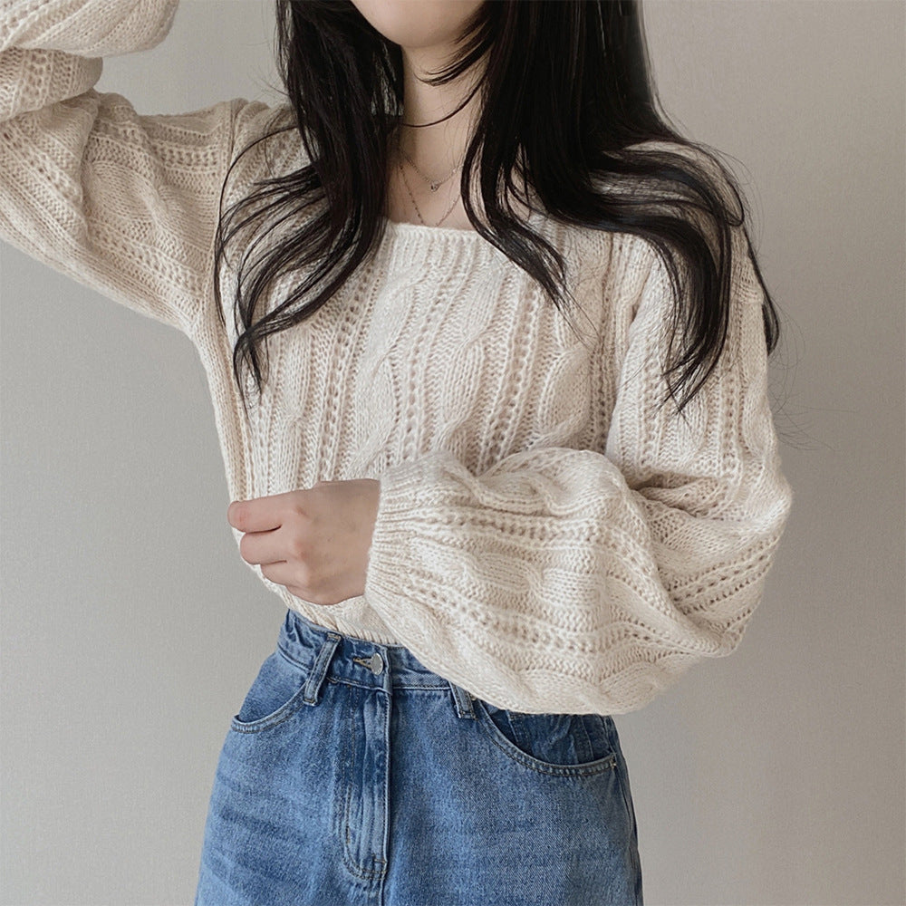 , Idle Style Solid Color Lantern Sleeve Square Collar Pullover Sweater
