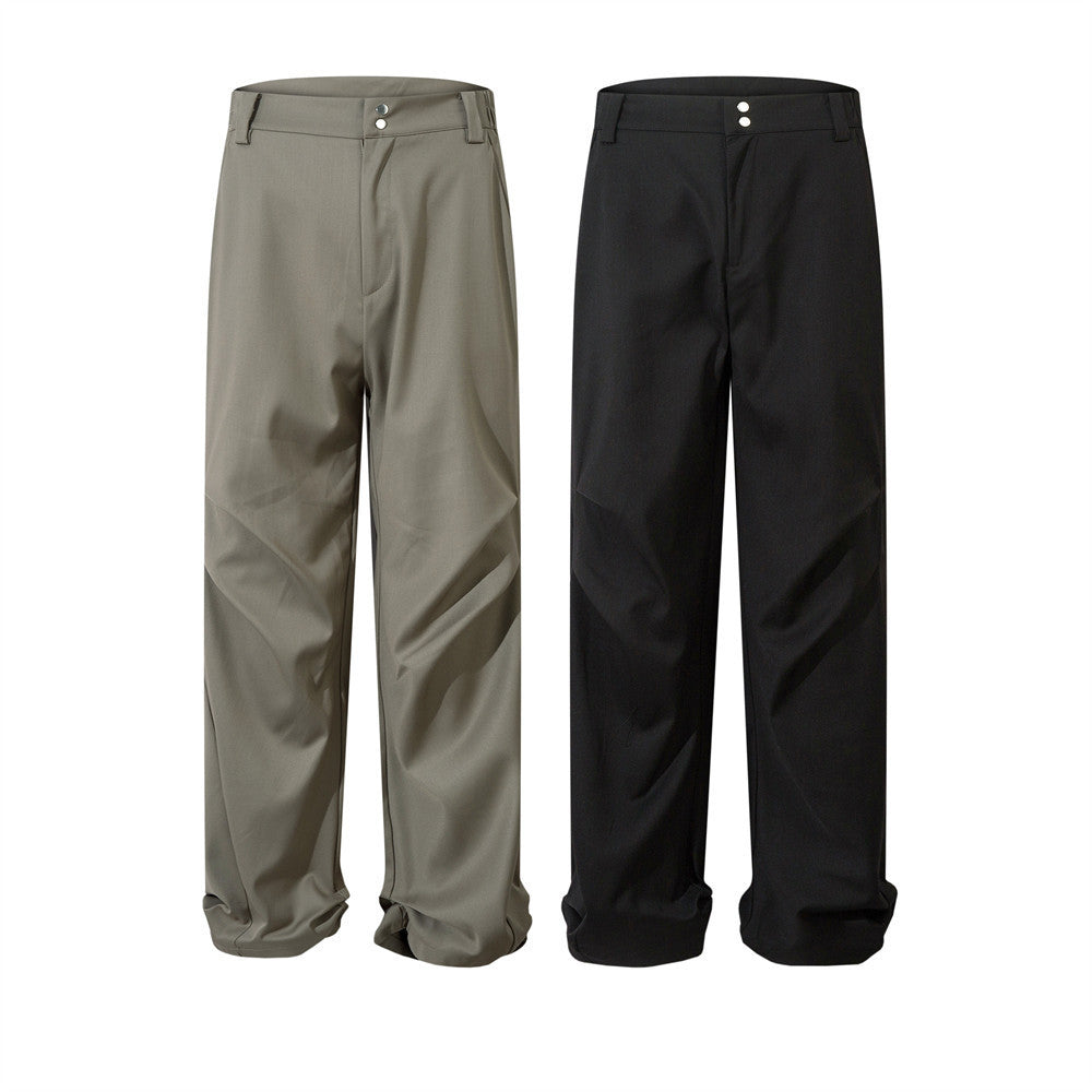 Men's Fashionable Pleated Design Sense Niche Solid Color Wide Leg Straight Long Pants