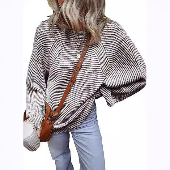 Textured Knitted Pullover Batwing-sleeve