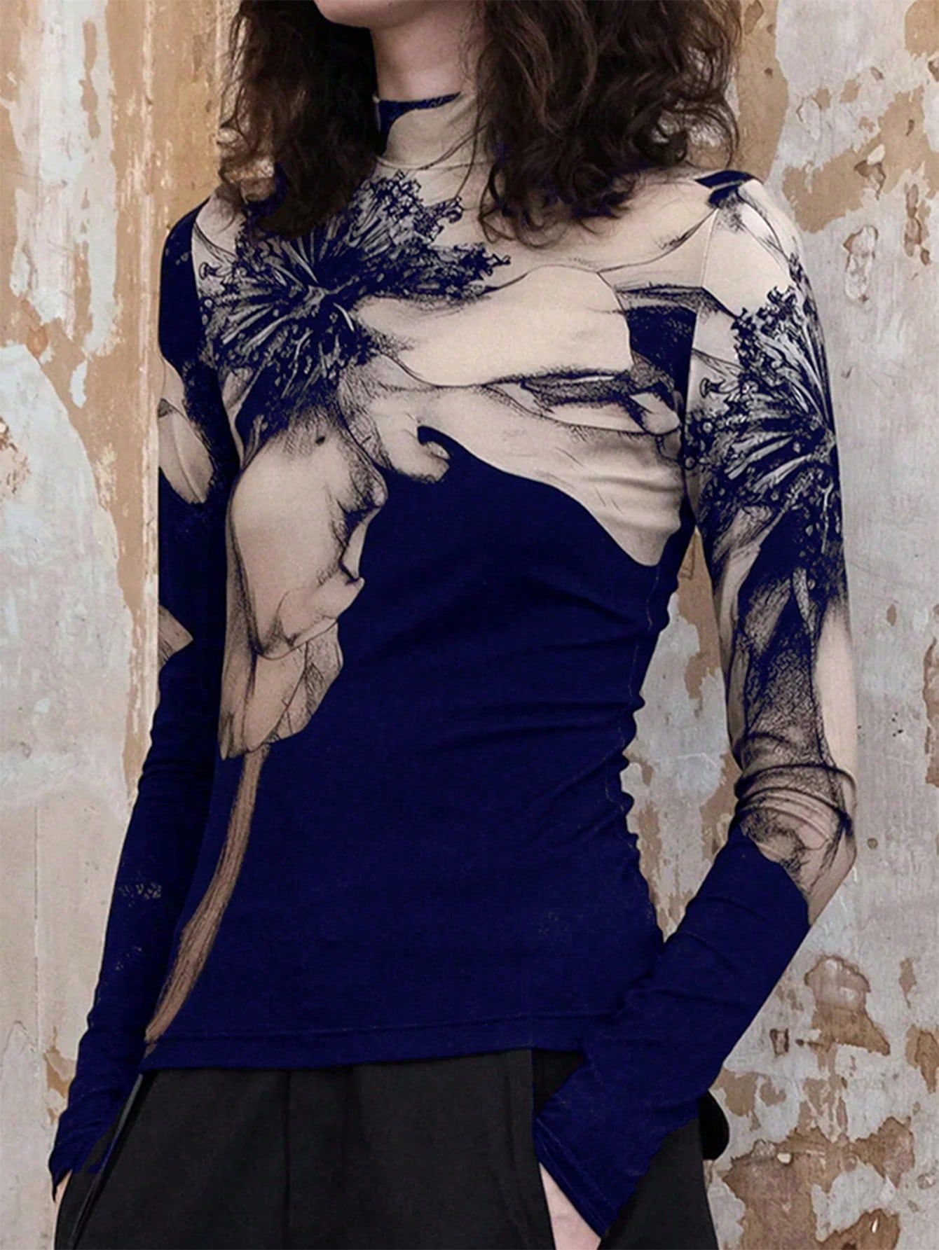 Women's Turtleneck Long Sleeve Digital Printed T-shirt