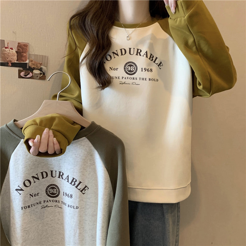 Contrast Color Raglan Long Sleeve Hooded Printed Women