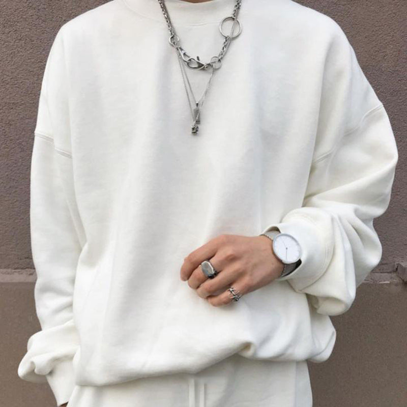 Solid Color Loose Trendy Round Neck Autumn Winter Sweater Suit Men
