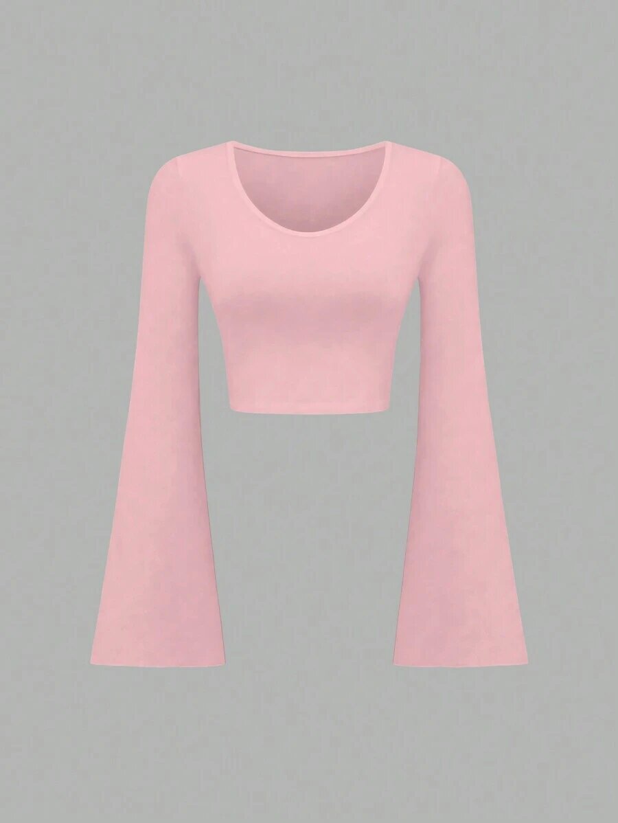 Fashion Solid Color Scoop Bell Sleeve Short Slim Fit Slimming T-shirt