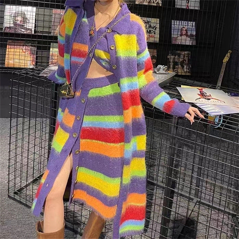 Fashion Slimming Candy Color Coat Retro Lazy Style Rainbow Striped Cardigan Sweater