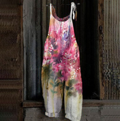Women's Printed Street Hipster Fashion Multi-color Cotton And Linen Suspender Jumpsuit