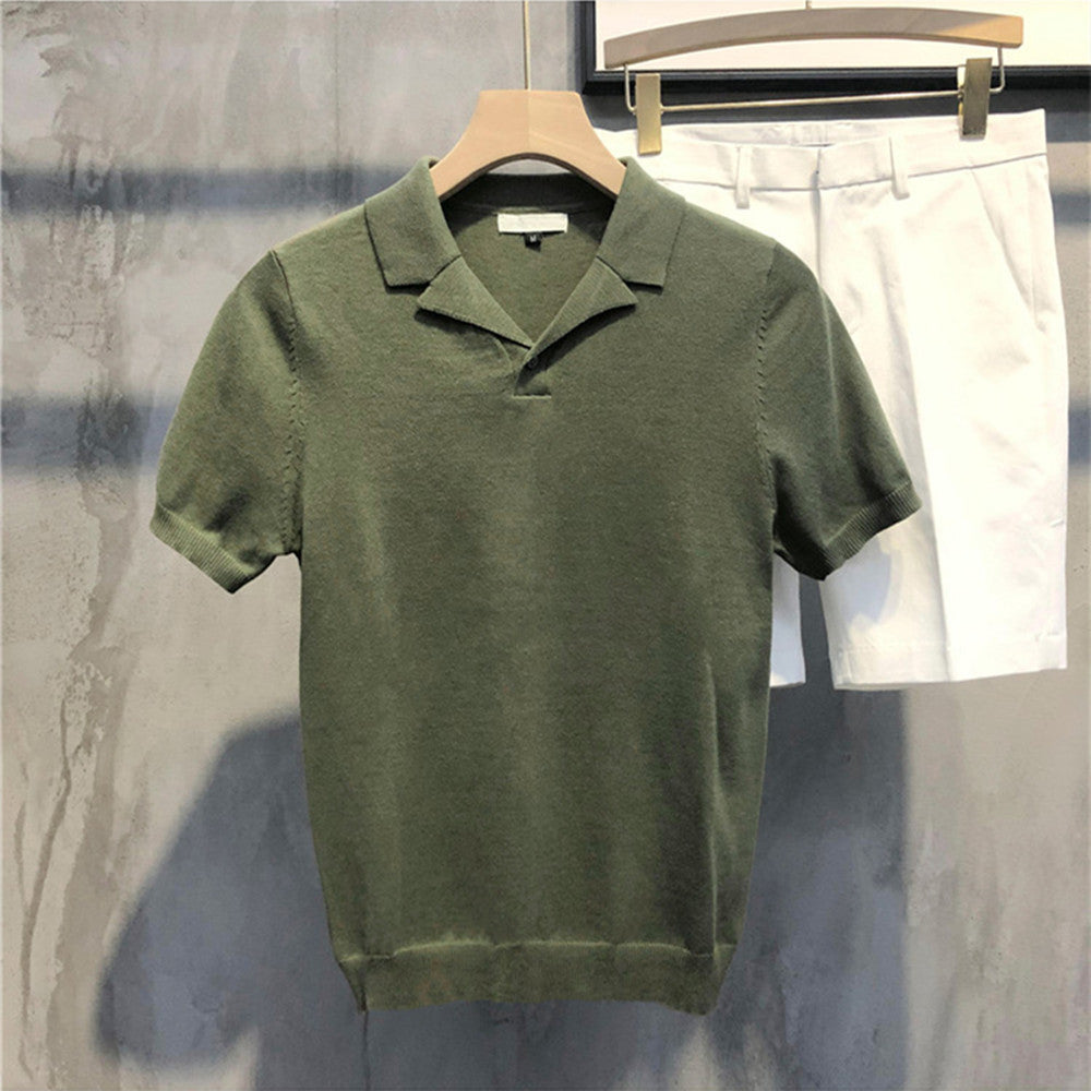 V-neck Solid Color Knitted Short-sleeved Shirt