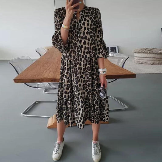 Pullover Slimming Printed Midi Skirt Leopard Print Mid-waist Dress