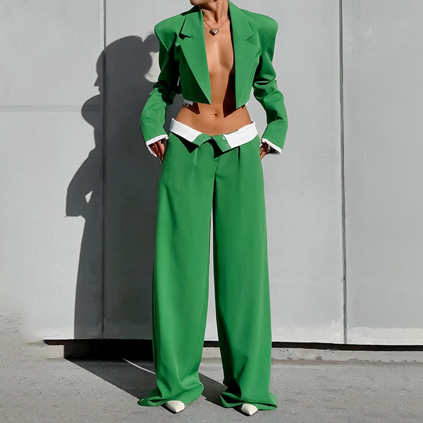 Buckle-free Crop-top Short Top Commuter Wide-leg Pants Suit