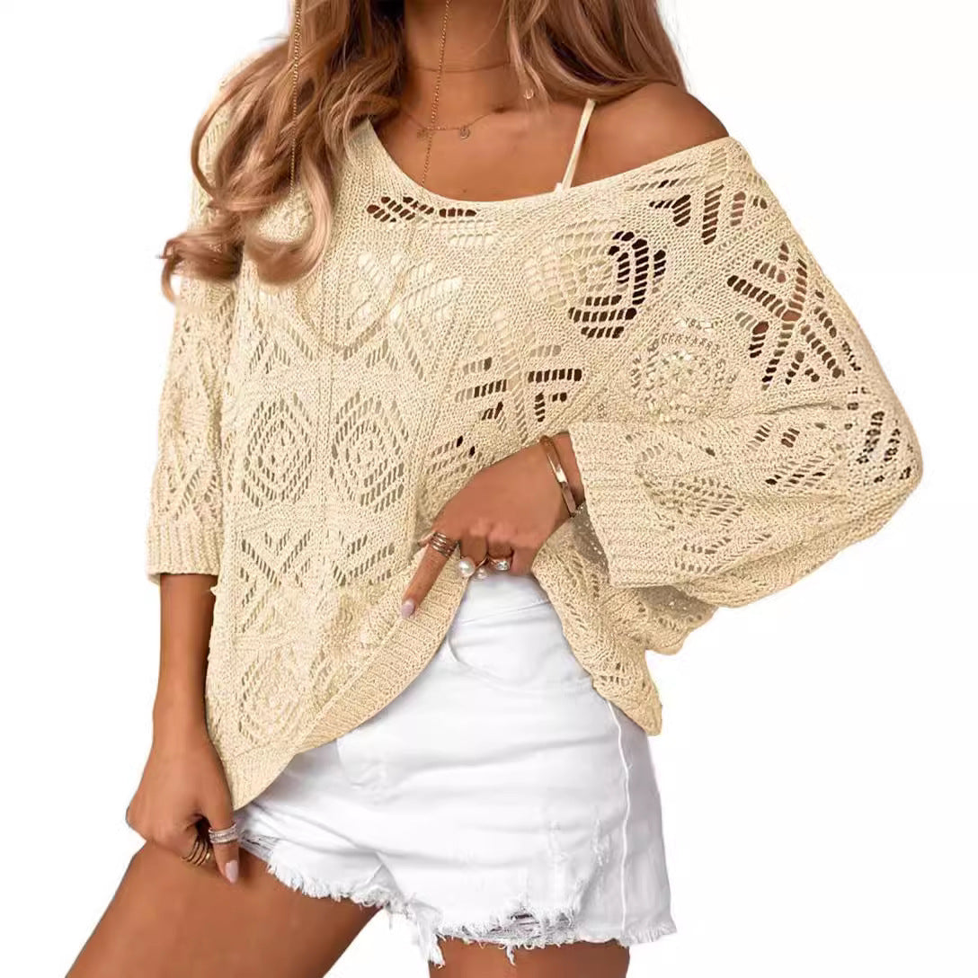 European And American Spring And Summer Crochet Hollow-out Three-quarter Sleeve Pullover Sweater Off-the-shoulder T-shirt