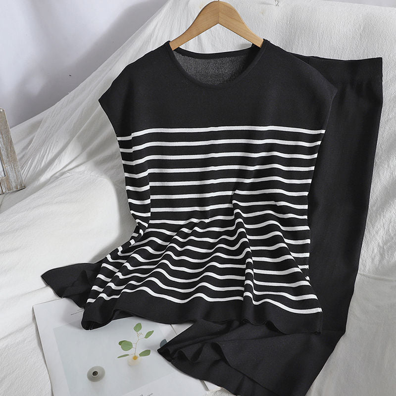 Women's Ice Silk Stripes Pullover Top Slimming Wide Leg Pants Knit Two-piece Suit