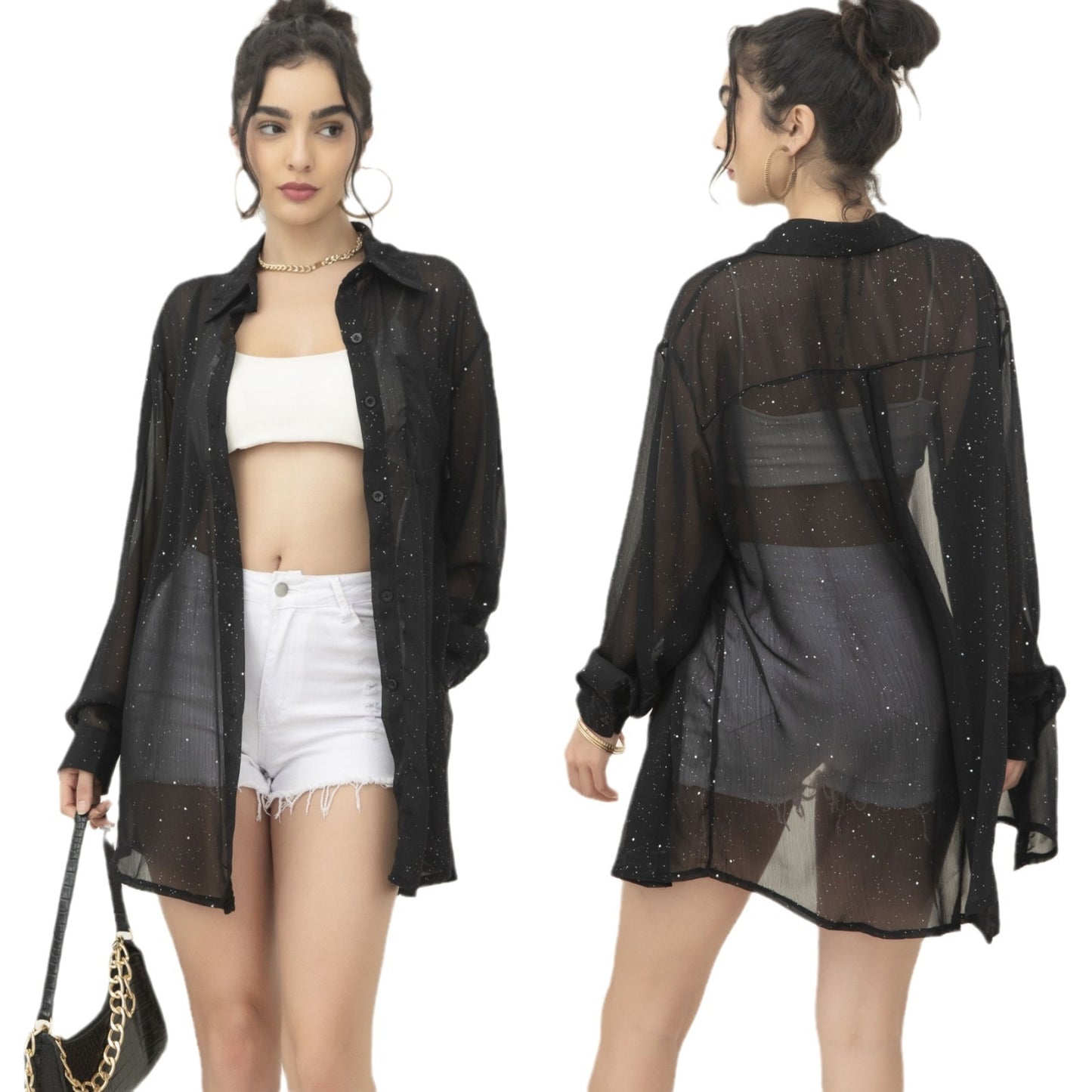 Women's Long Sleeve Thin Lapels Sequined Shirt Casual Shirt