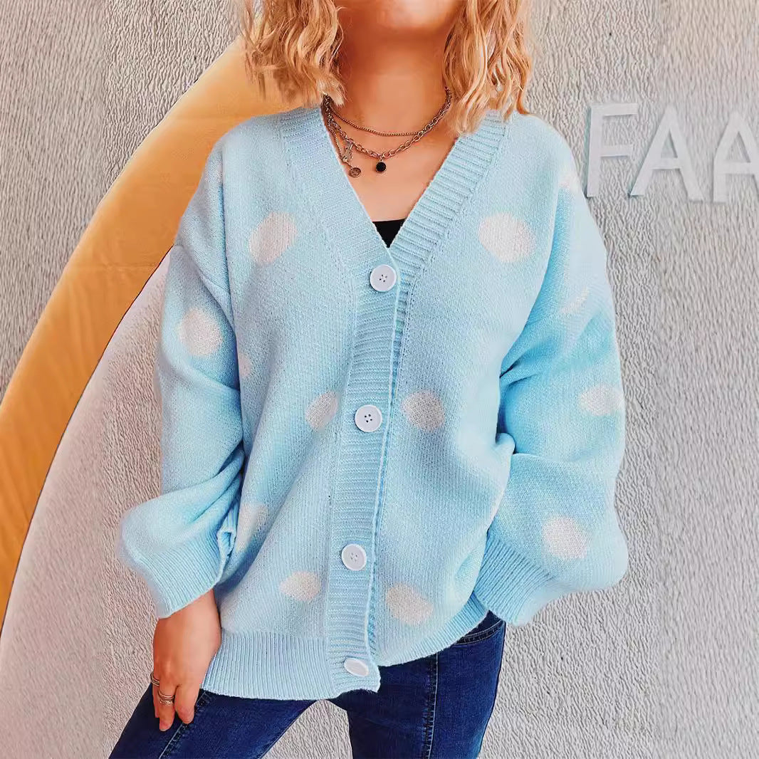 Big Dot Jacquard Knitted Cardigan V-neck Coat Women
