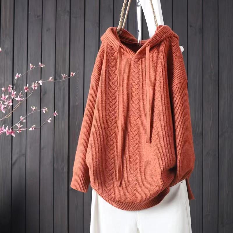 Solid Color Hooded Lacing Mid-length Knitwear Sweater