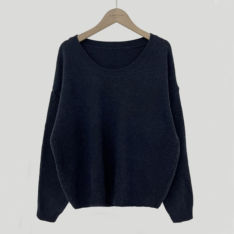All-matching Crew Neck Pullover Sweater Solid Color Long-sleeved Knitted Top