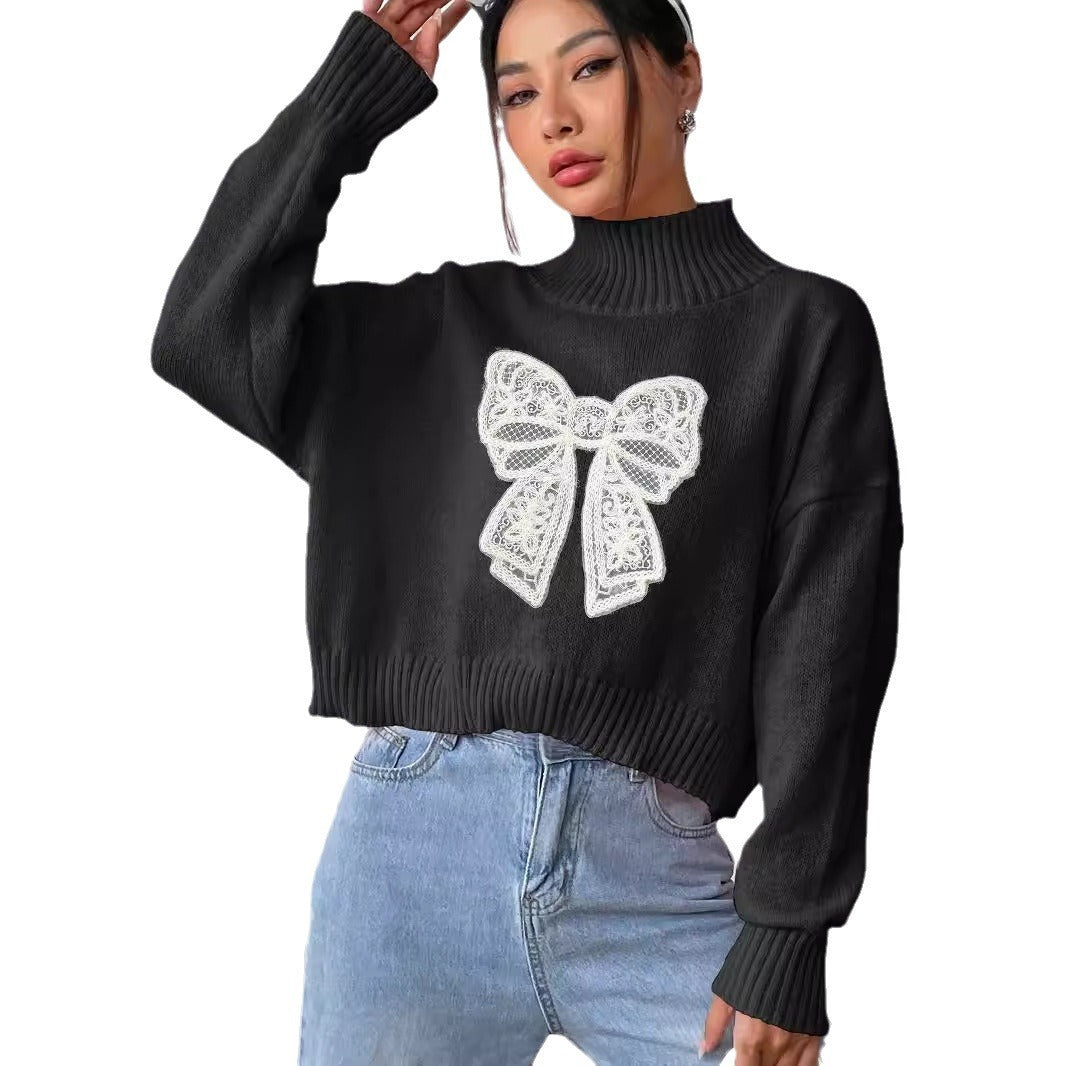 Women's Short Top Turtleneck Pullover Bow