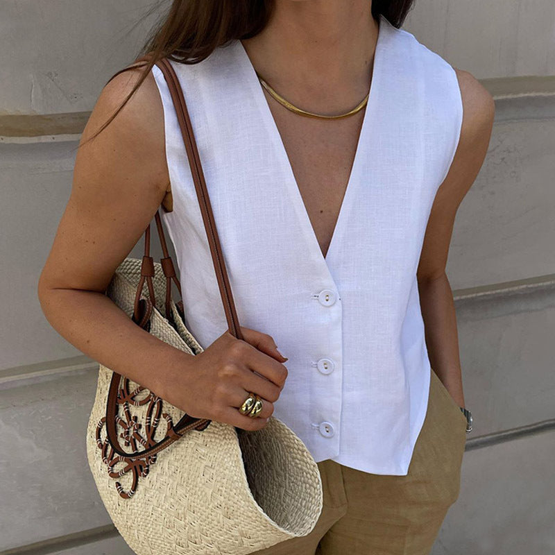 European And American Women's Cotton And Linen Sleeveless Vest Waistcoat Trousers Two-piece Set