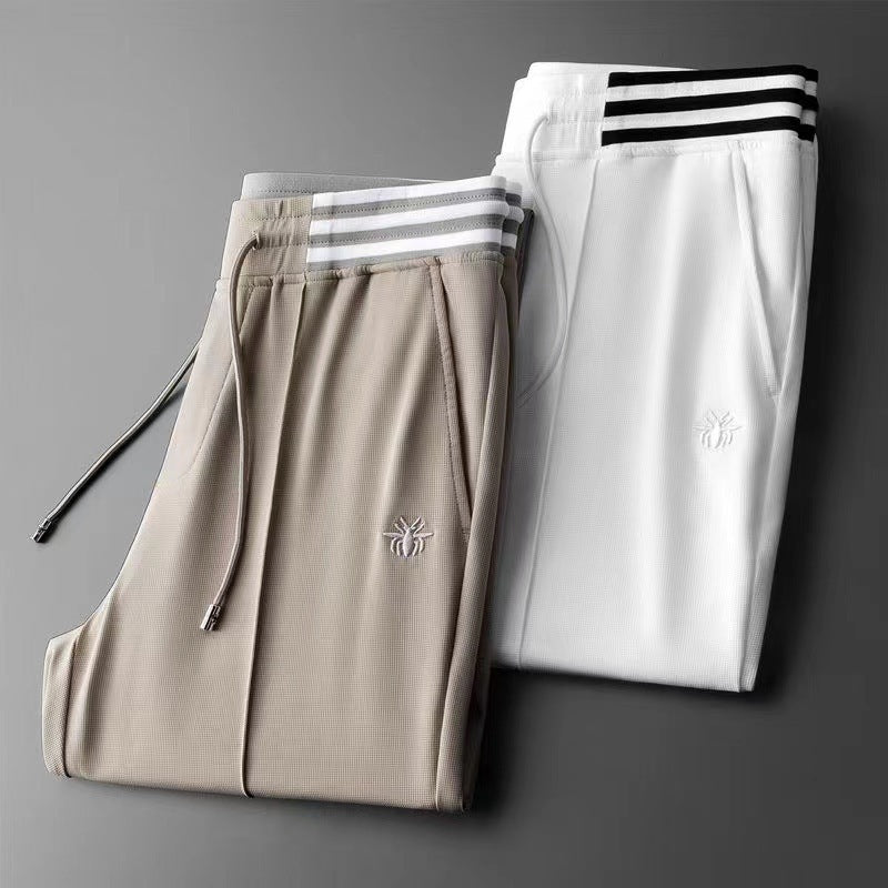Fashion Ice Silk Pants Men's Waffle Embroidered Sweatpants