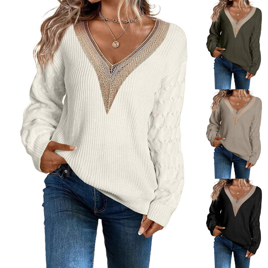 Sexy Lace V-neck Knitted Drop-shoulder Pullover Sweater Top