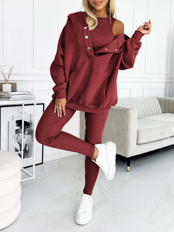 Women's Solid Color Vest Hoodie And Pants Set