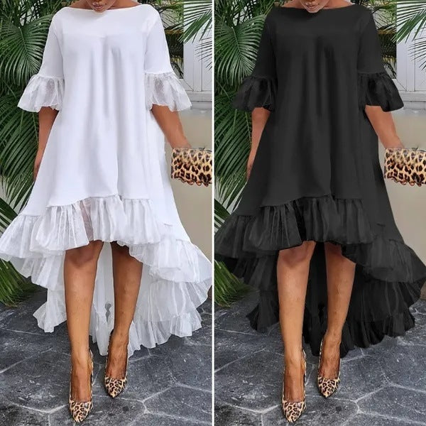 European And American Style Women 3-point Sleeve Irregular Hem Holiday Party Dress Lace Stitching Dress