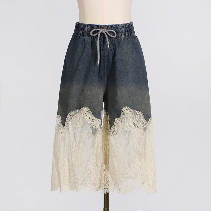 Lace Two-piece Simple Style Top Casual Denim Shorts Fashion Thin