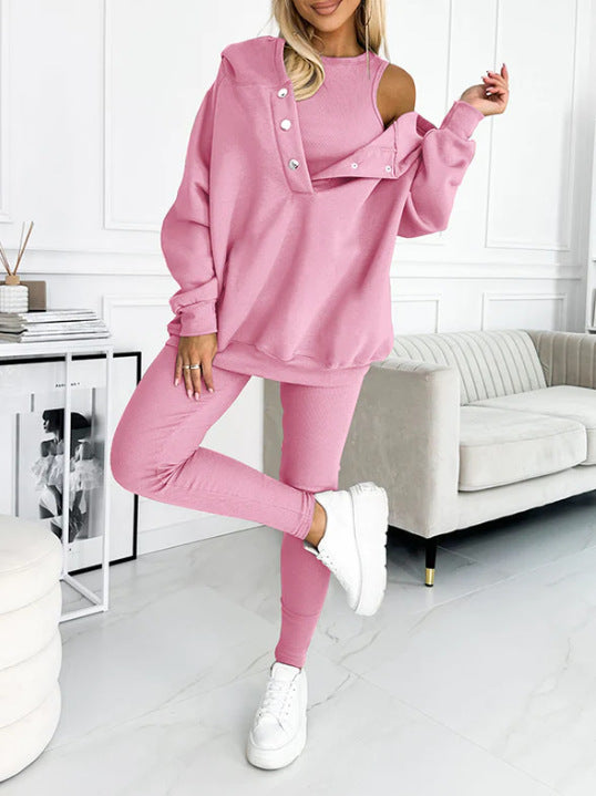 Women's Solid Color Vest Hoodie And Pants Set