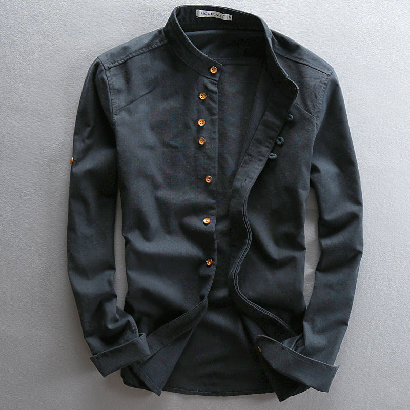 Men's Casual Linen Shirt Chinese Style Stand Collar
