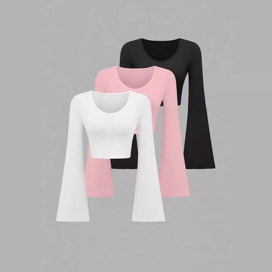 Fashion Solid Color Scoop Bell Sleeve Short Slim Fit Slimming T-shirt