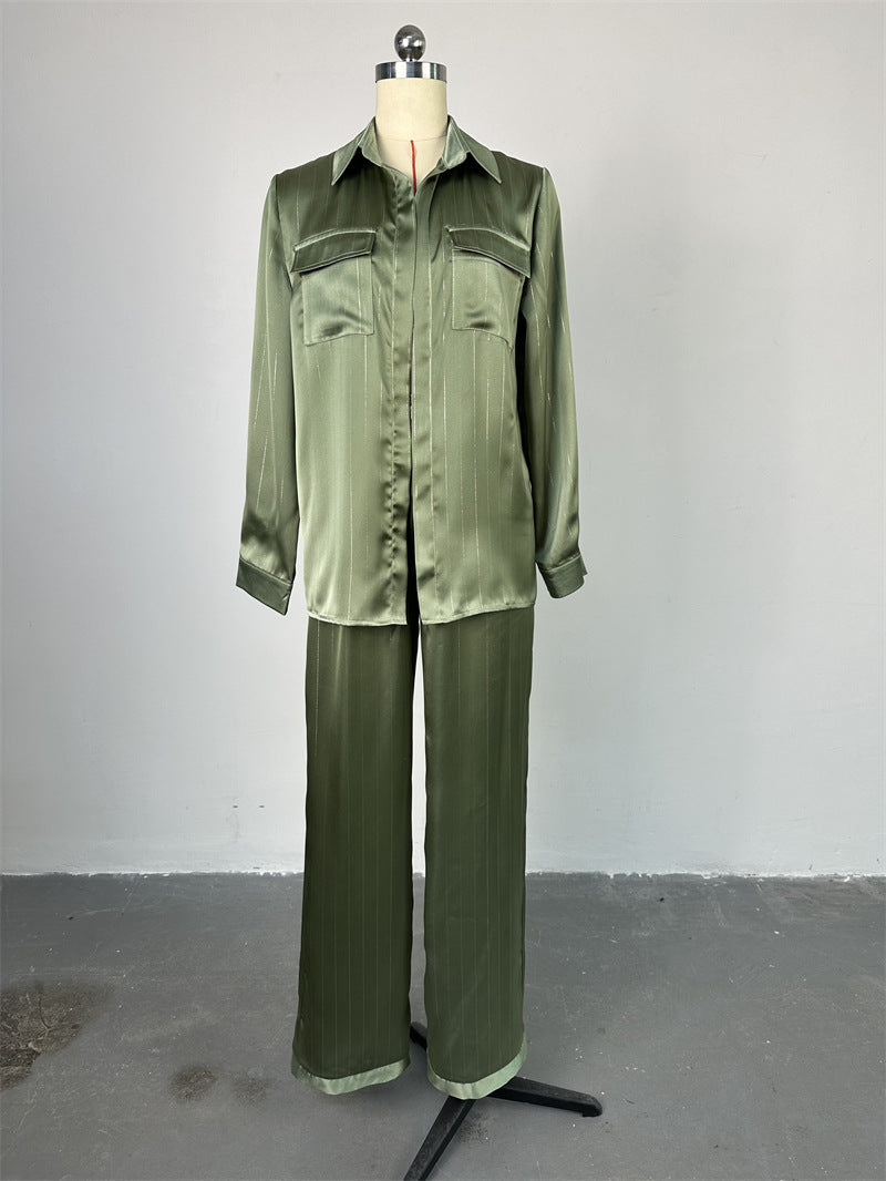 Striped Shirt Wide Leg Pants Casual Suit
