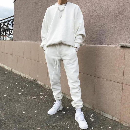 Solid Color Loose Trendy Round Neck Autumn Winter Sweater Suit Men