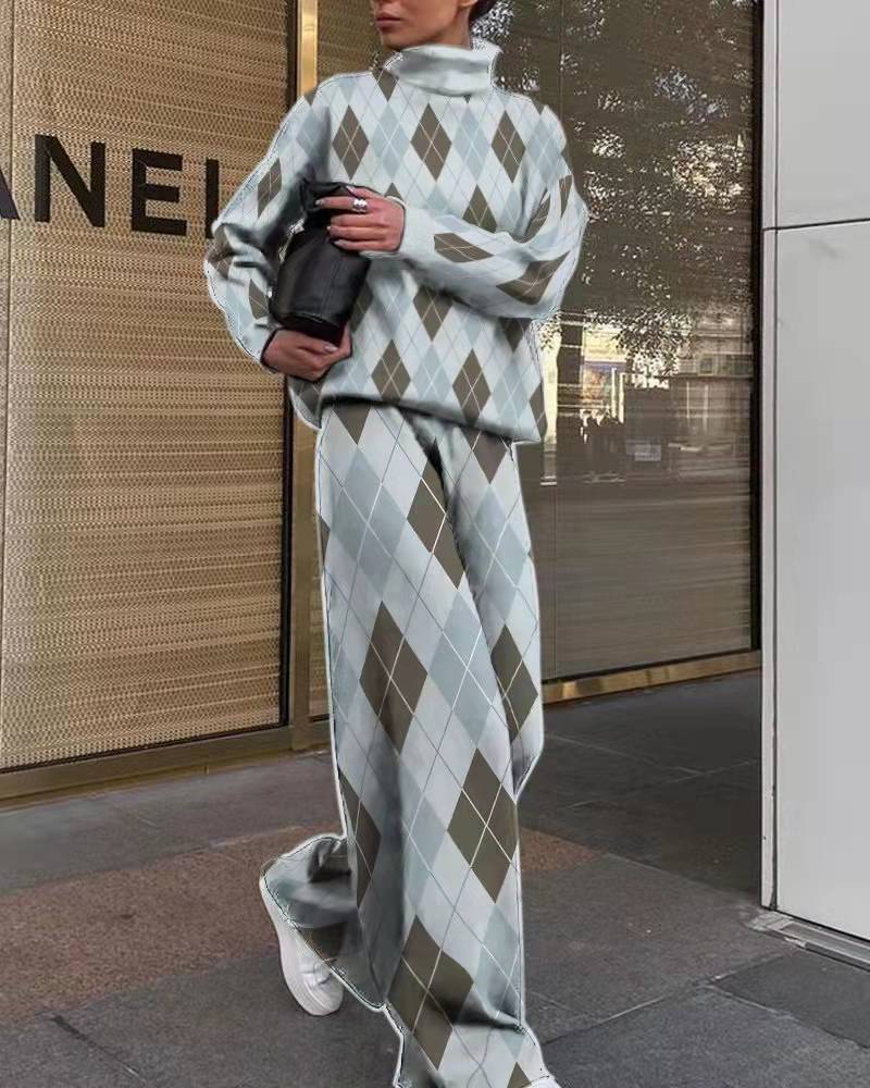 Women's Fashion Printed Loose High Collar Long-sleeved Two-piece Suit