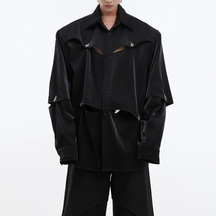 Streamer Hollow-out Deconstruction Padded Shoulder Shirt