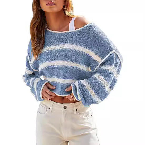 Pullover Knitting Off-the-shoulder Short Shipment Women's Striped