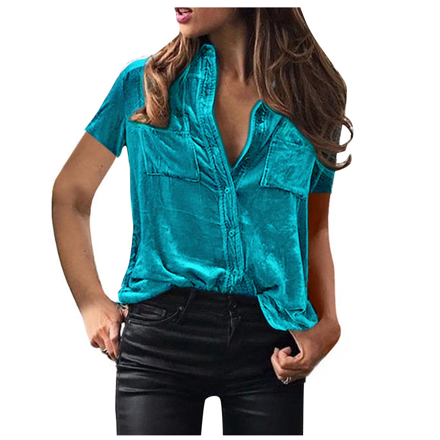 European And American Spring And Summer Pocket Shirt Top Solid Color Elegant Long Sleeve Shirt For Women