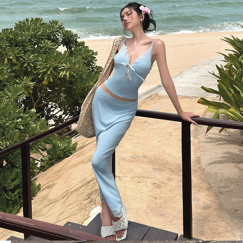 Women's Summer Lace Camisole Sheath Fish Skirt Suit