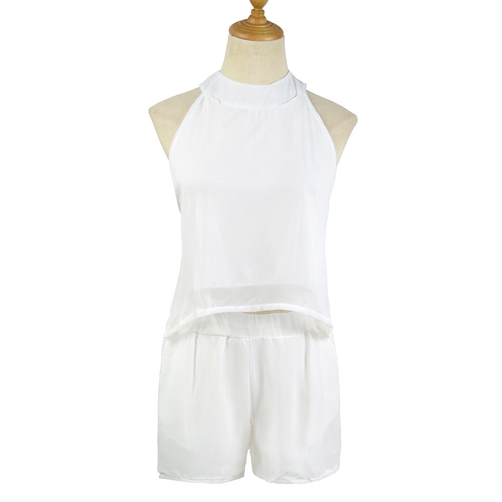 Halter Sports Chiffon Shirt Two-piece Set Leisure Suit Shorts