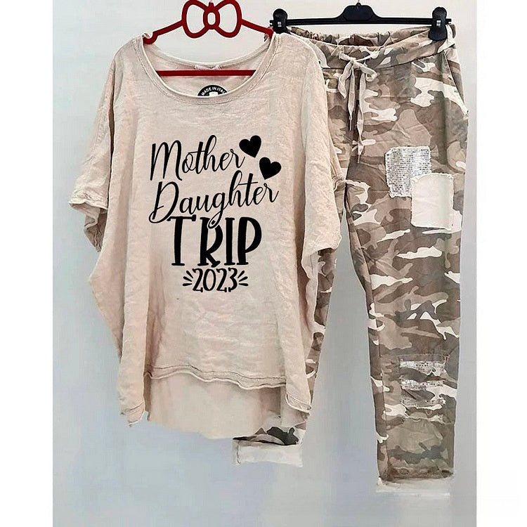 Casual Suit Women's Cotton And Linen Heat Transfer Patch Top Camouflage Printing Sweatpants