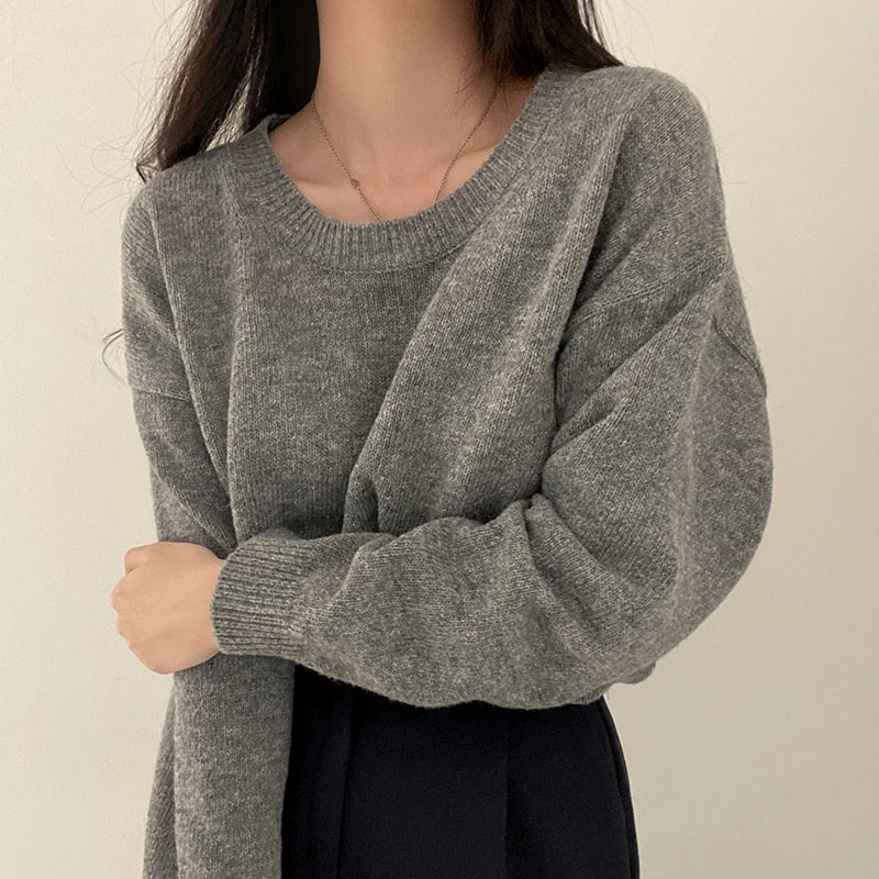 All-matching Crew Neck Pullover Sweater Solid Color Long-sleeved Knitted Top
