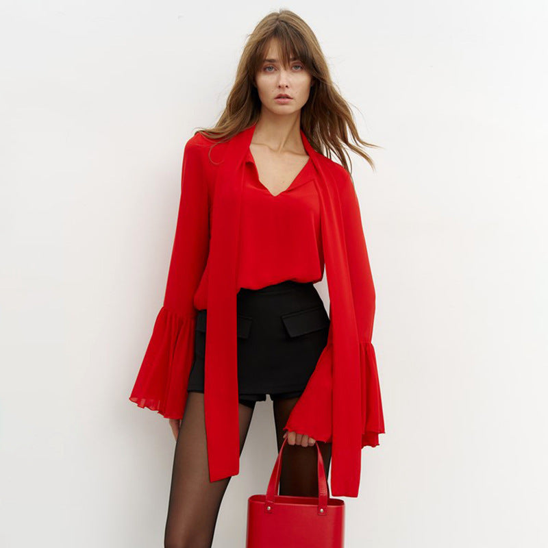 Solid Color Flared Long Sleeve V-neck Lace-up Micro Transparent Elegant Shirt