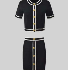 Temperament Slim-fit Contrast Colors Gold Buckle Round Neck Cardigan Two-piece Set