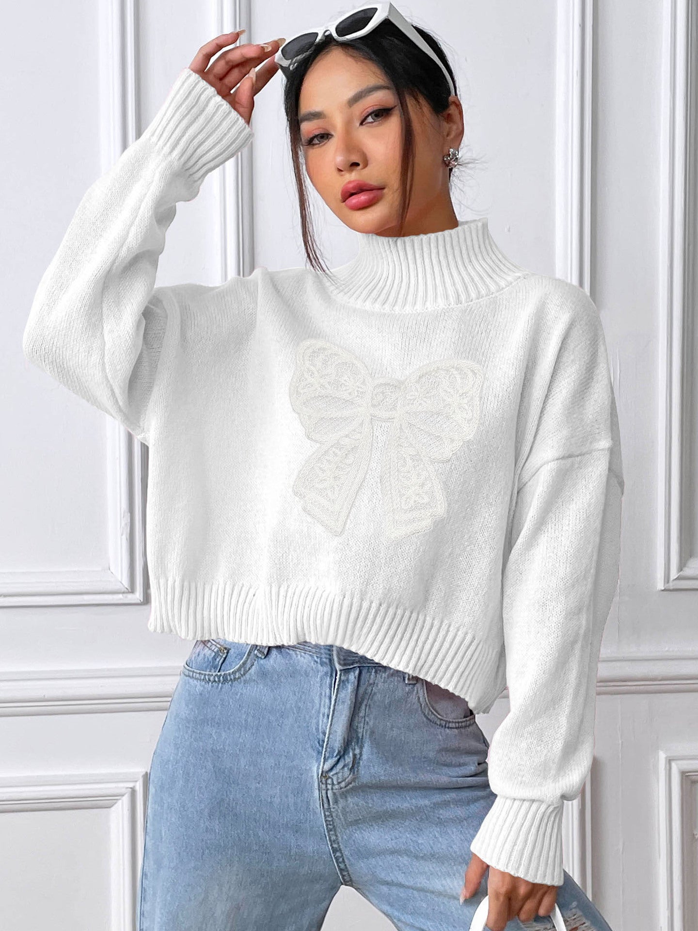 Women's Short Top Turtleneck Pullover Bow