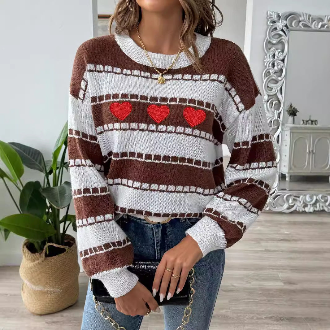Women's Sweater Bottoming Shirt Color Contrast Patchwork Stripes