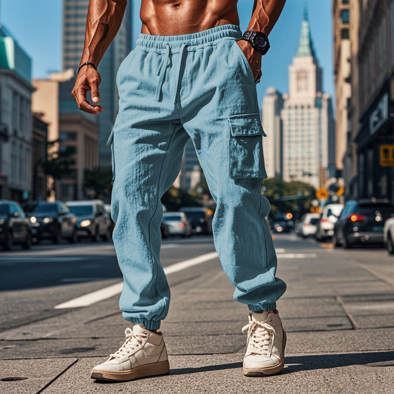 Men's Cotton And Linen Trousers With Multiple Pockets