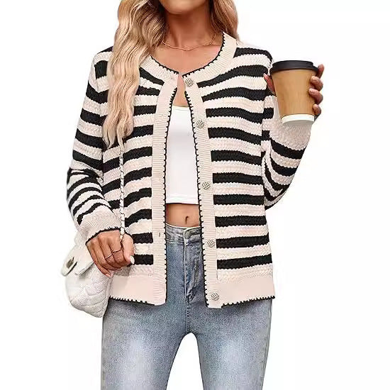 Women's Striped Sweater Button Knit