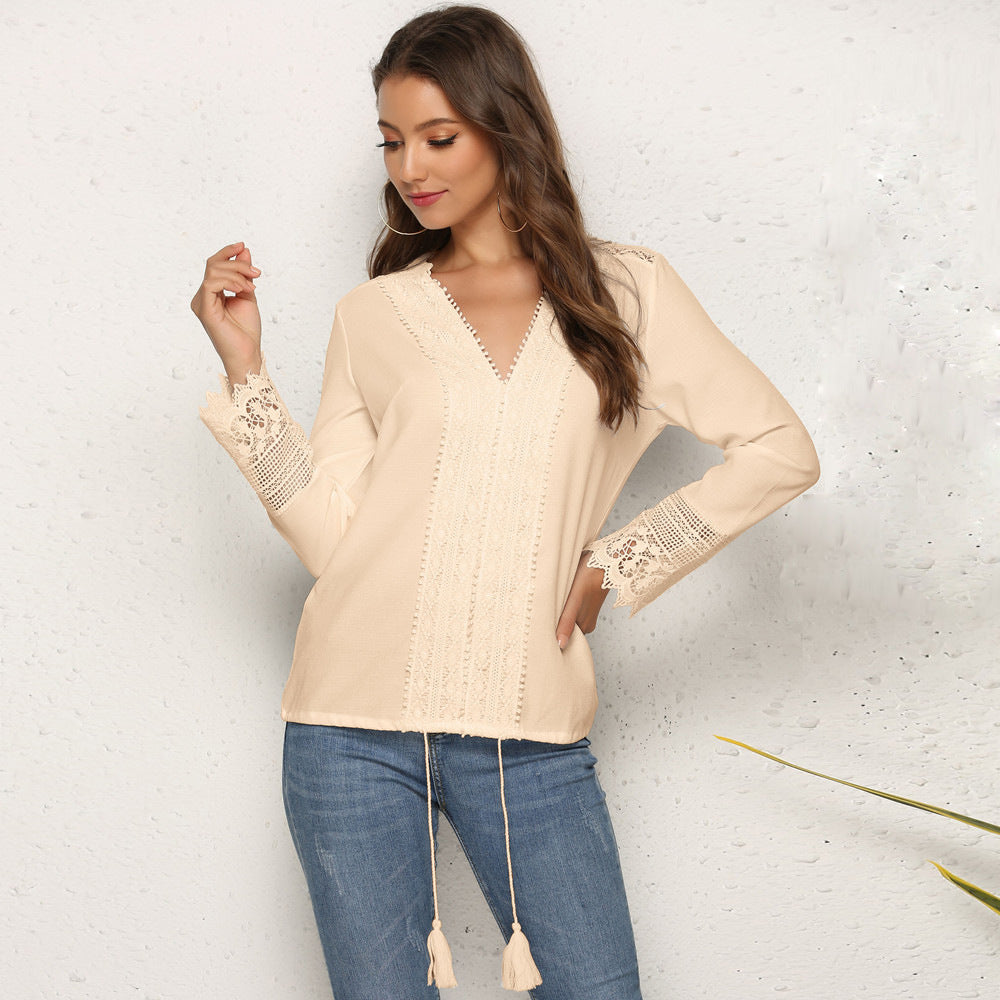 European And American Ladies Top Spring And Autumn Tassel Drawstring Chiffon Shirt